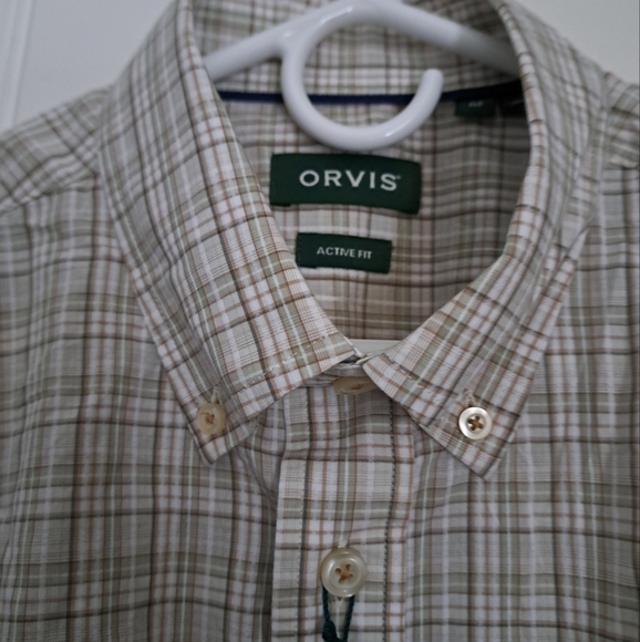 ORVIS Active Fit check shirt oatmeal green brown neutral cotton button down M - Picture 4 of 9